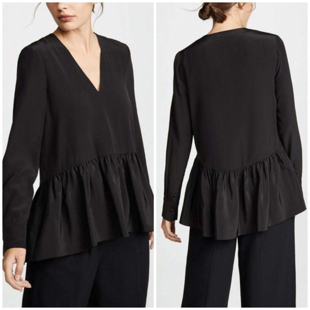 Tibi V-neck Silk Peplum Top 0 black long sleeve crepe